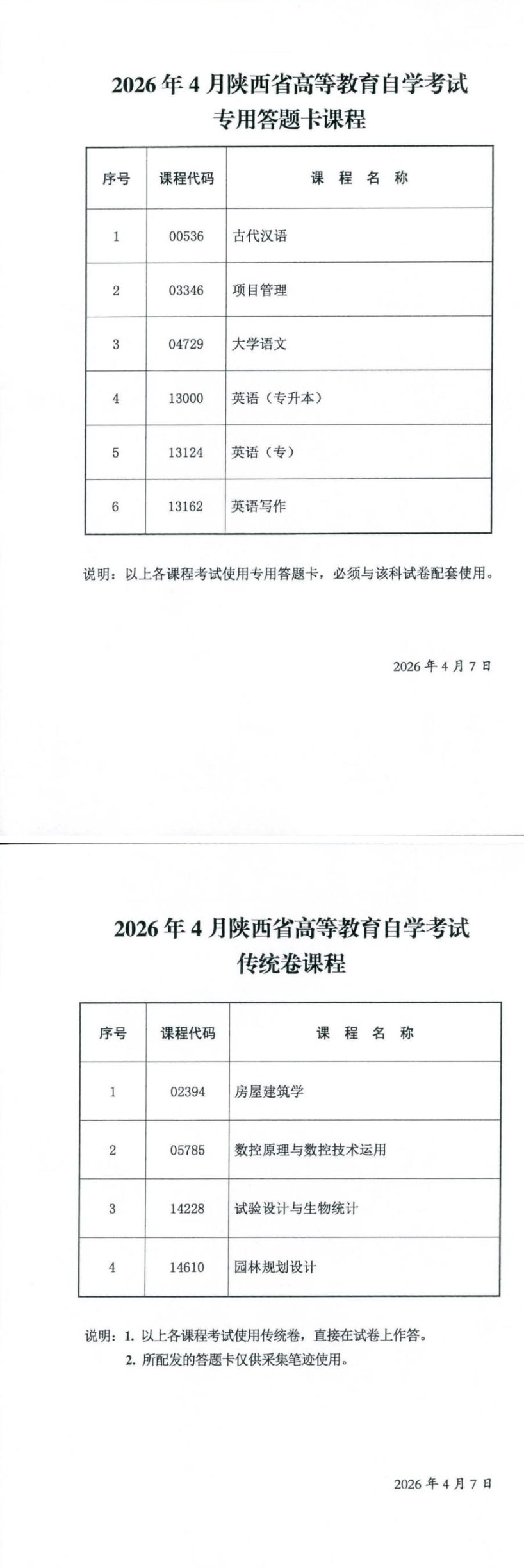 2026年4月陕西省高等教育自学考试专用答题卡课程、传统卷课程